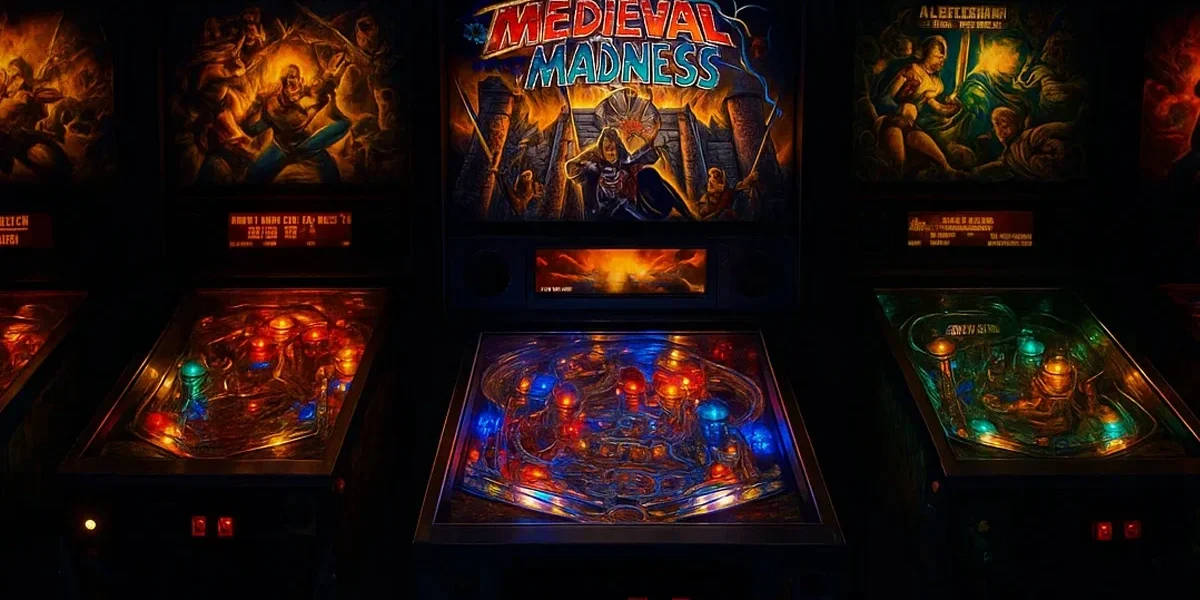 maquina-pinball-retro-curiosidades Imagem detalhada de uma máquina de pinball retro iluminada, mostrando o campo de jogo (playfield) com a bolinha de aço pronta para ser lançada, ilustrando as curiosidades do universo do pinball.