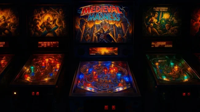 maquina-pinball-retro-curiosidades Imagem detalhada de uma máquina de pinball retro iluminada, mostrando o campo de jogo (playfield) com a bolinha de aço pronta para ser lançada, ilustrando as curiosidades do universo do pinball.