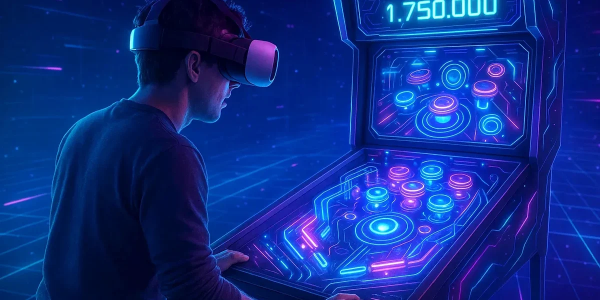 Pessoa jogando pinball em realidade virtual (VR) com um headset, visualizando uma máquina de pinball futurista em um ambiente digital imersivo, representando o futuro dos jogos de pinball.