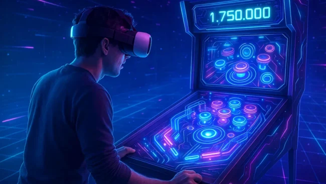 pinball-vr-realidade-virtual-imersiva Pessoa jogando pinball em realidade virtual (VR) com um headset, visualizando uma máquina de pinball futurista em um ambiente digital imersivo, representando o futuro dos jogos de pinball.