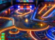 Close-up de um playfield moderno de pinball iluminado, simbolizando o fascínio tátil e duradouro do jogo na era digital.