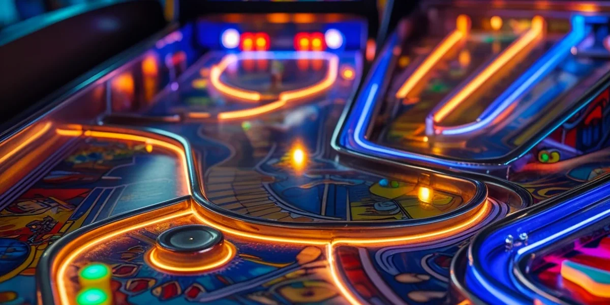 maquina-pinball-moderna-luzes-era-digital Close-up de um playfield moderno de pinball iluminado, simbolizando o fascínio tátil e duradouro do jogo na era digital.