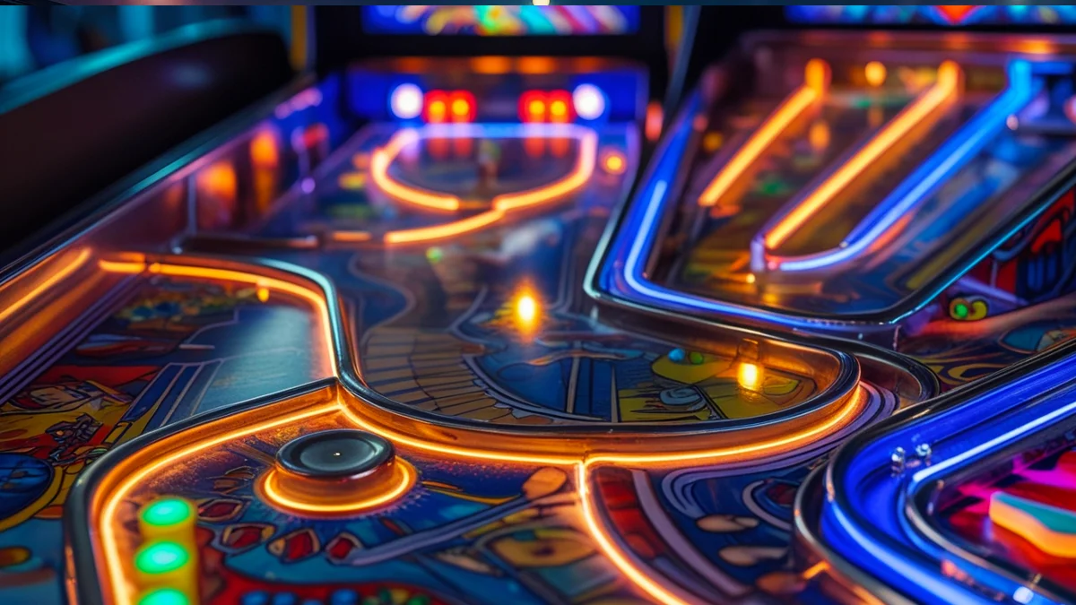 Close-up de um playfield moderno de pinball iluminado, simbolizando o fascínio tátil e duradouro do jogo na era digital.