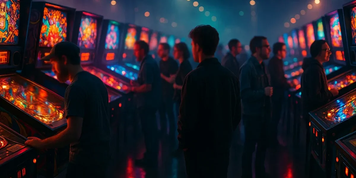 maquinas-de-pinball-colecionismo-global Colecionadores de pinball reunidos em um evento global exibindo uma linha de máquinas de pinball clássicas e modernas, celebrando a comunidade.