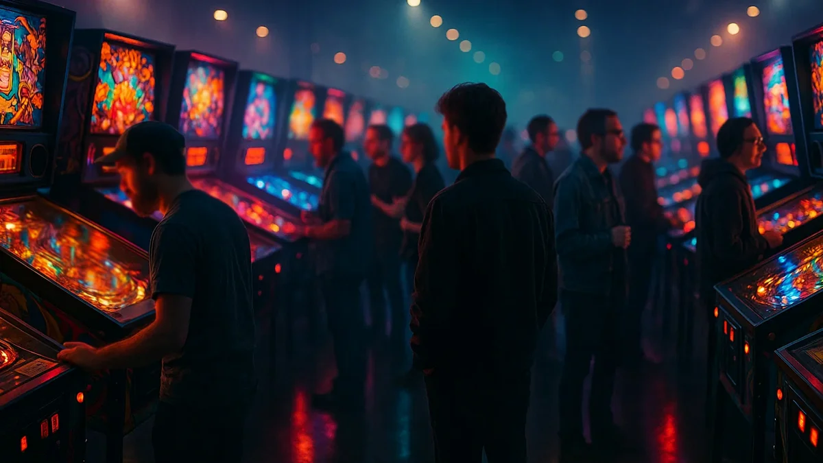 Colecionadores de pinball reunidos em um evento global exibindo uma linha de máquinas de pinball clássicas e modernas, celebrando a comunidade.