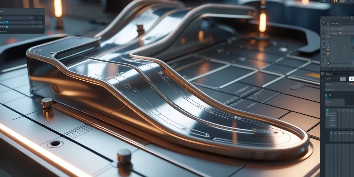 Captura de tela de um artista modelando uma rampa de pinball em 3D usando software de design profissional.