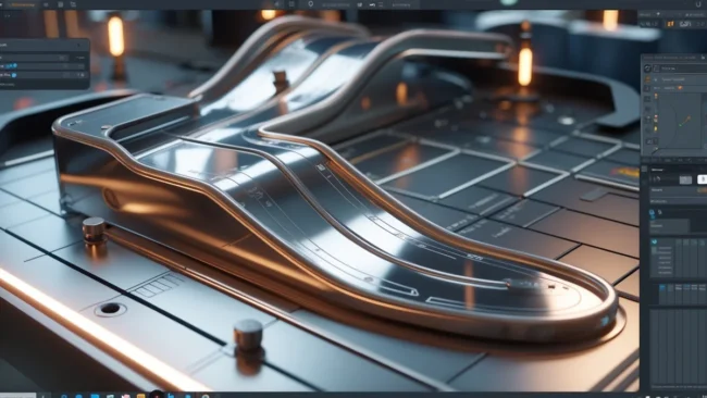 Captura de tela de um artista modelando uma rampa de pinball em 3D usando software de design profissional.