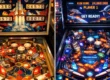 Evolução visual de uma mesa de pinball digital comparada a uma máquina clássica, destacando o realismo dos reflexos na bolinha.
