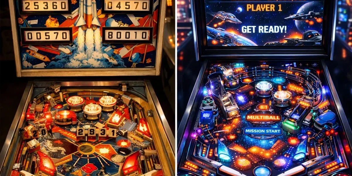 Evolução visual de uma mesa de pinball digital comparada a uma máquina clássica, destacando o realismo dos reflexos na bolinha.