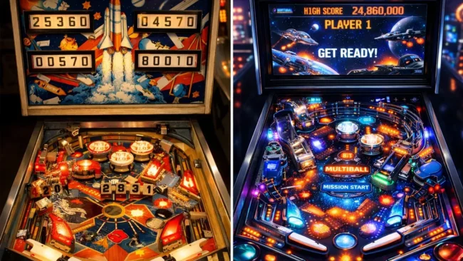 Evolução visual de uma mesa de pinball digital comparada a uma máquina clássica, destacando o realismo dos reflexos na bolinha.