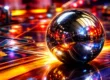 close-up de uma bola de pinball virtual refletindo luzes e sombras em um playfield digital de alta fidelidade.