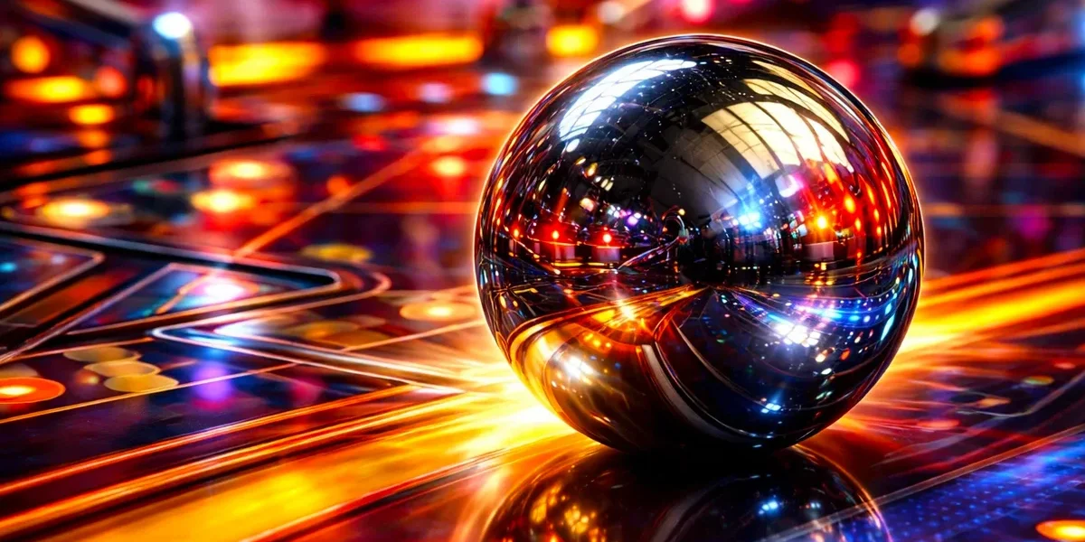 close-up de uma bola de pinball virtual refletindo luzes e sombras em um playfield digital de alta fidelidade.
