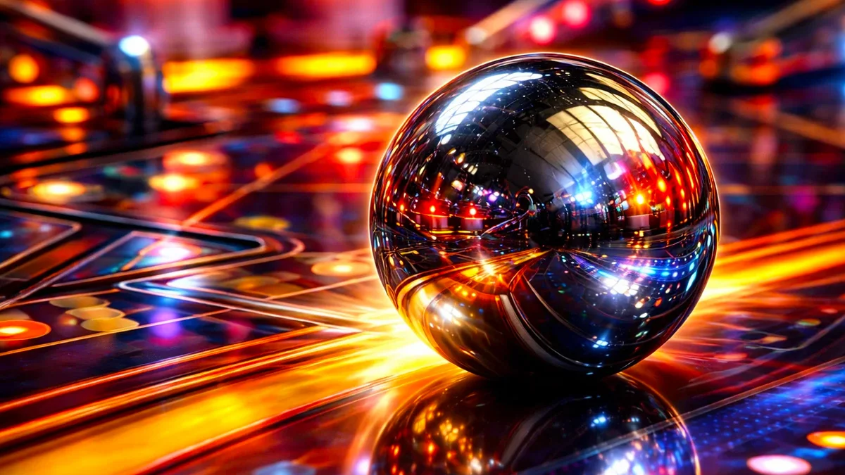 close-up de uma bola de pinball virtual refletindo luzes e sombras em um playfield digital de alta fidelidade.