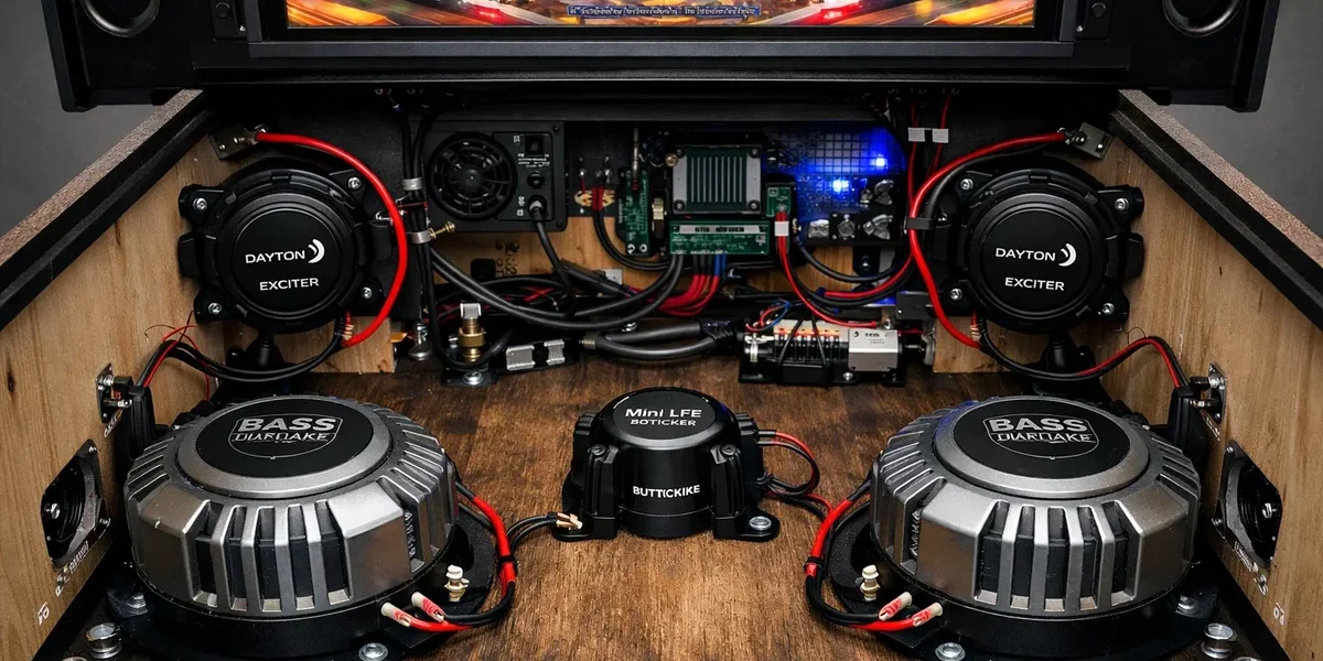 Interior de um gabinete de pinball virtual mostrando exciters e transdutores para feedback sonoro tátil posicional.