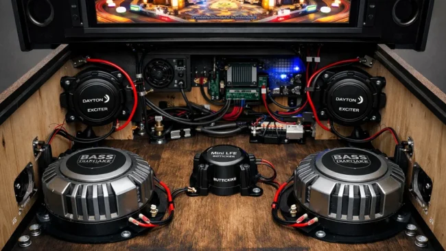 Interior de um gabinete de pinball virtual mostrando exciters e transdutores para feedback sonoro tátil posicional.