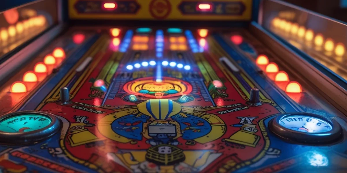 Fotografia em close de uma máquina de pinball clássica iluminada destacando os bumpers e o playfield colorido.