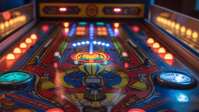 Fotografia em close de uma máquina de pinball clássica iluminada destacando os bumpers e o playfield colorido.