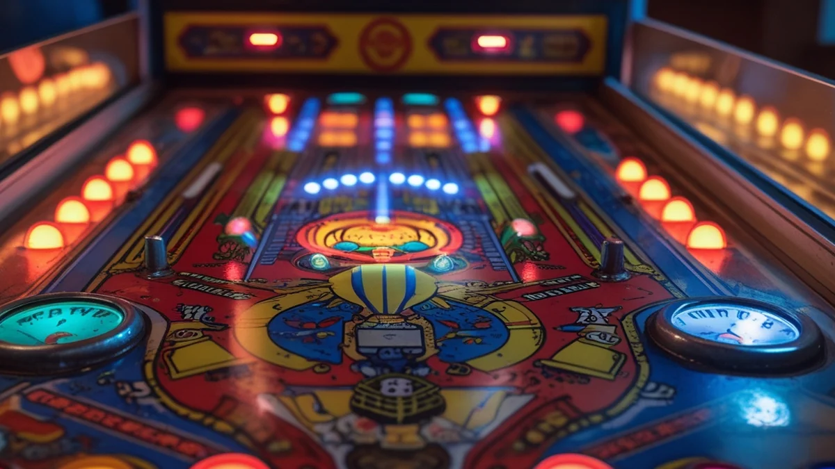 Fotografia em close de uma máquina de pinball clássica iluminada destacando os bumpers e o playfield colorido.