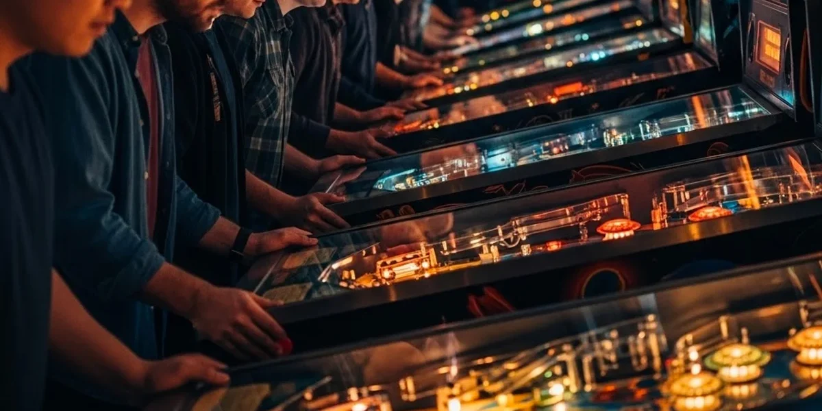 jogadores-competindo-torneio-pinball-profissional Fotografia de jogadores concentrados durante uma partida de torneio de pinball, com várias máquinas iluminadas ao fundo.