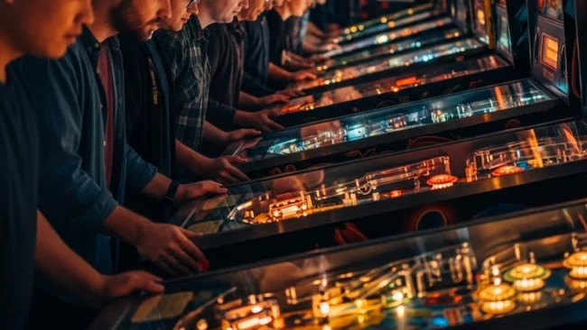 Fotografia de jogadores concentrados durante uma partida de torneio de pinball, com várias máquinas iluminadas ao fundo.