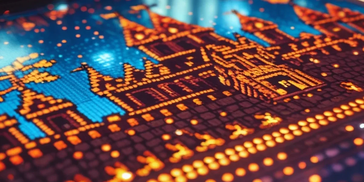 Close de um display Dot Matrix Display (DMD) de uma máquina de pinball exibindo animações em tons de laranja.