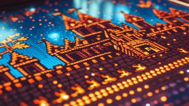 Close de um display Dot Matrix Display (DMD) de uma máquina de pinball exibindo animações em tons de laranja.