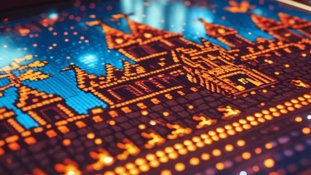 Close de um display Dot Matrix Display (DMD) de uma máquina de pinball exibindo animações em tons de laranja.