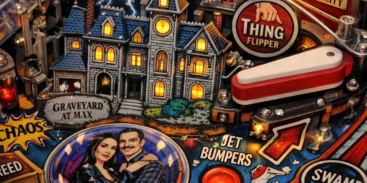 Vista detalhada do playfield da máquina de pinball The Addams Family, destacando a mansão e o flipper superior.