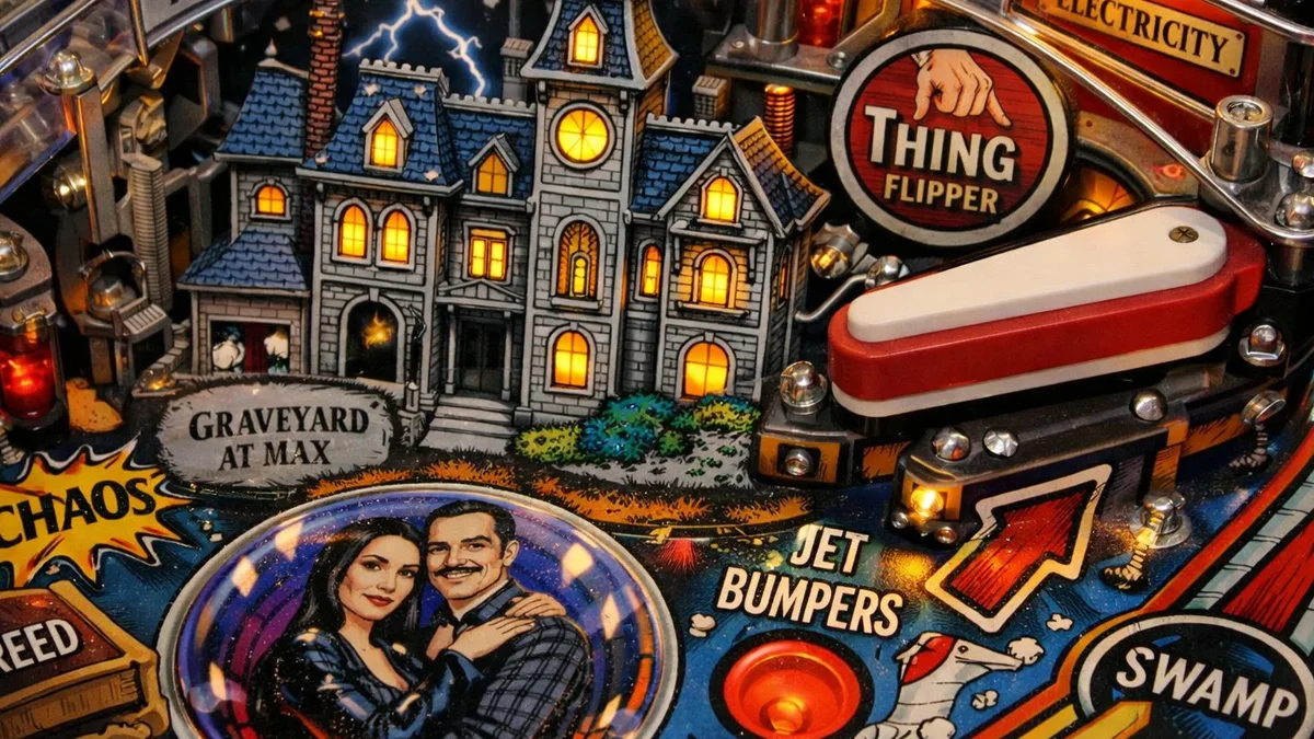 Vista detalhada do playfield da máquina de pinball The Addams Family, destacando a mansão e o flipper superior.
