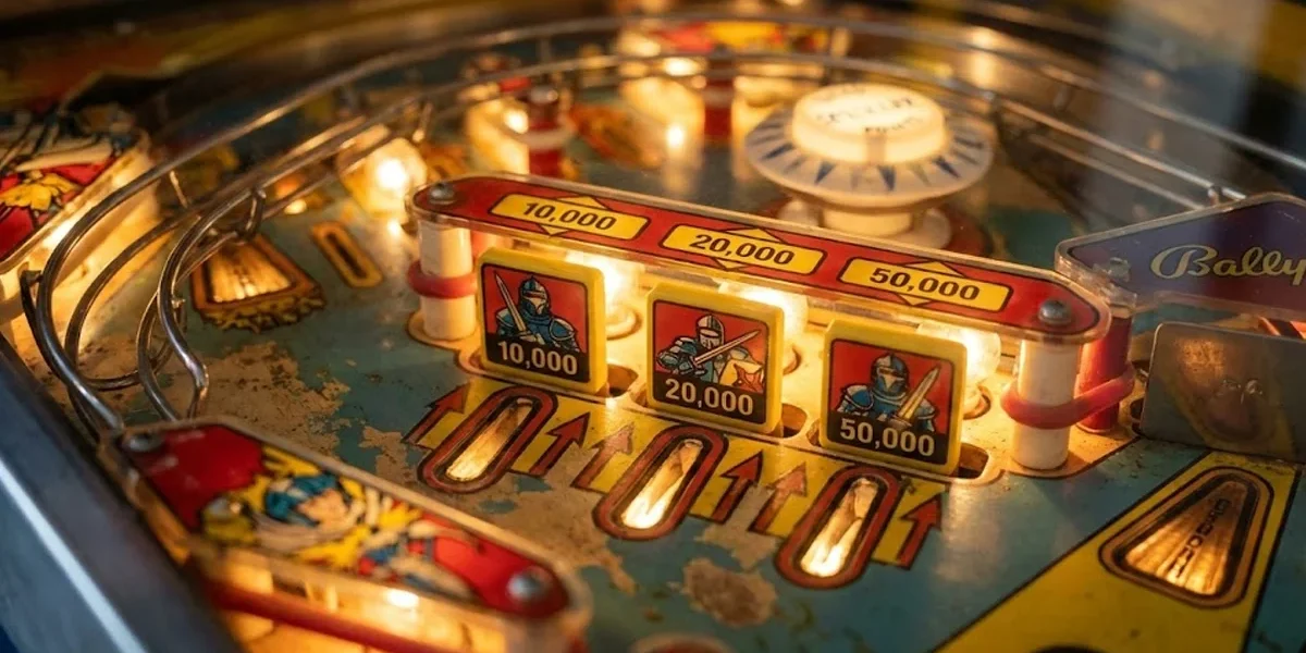 review-pinball-classico-anos-70-80 Close-up do playfield iluminado de uma máquina de pinball clássica da Bally dos anos 80 com foco nos drop targets.