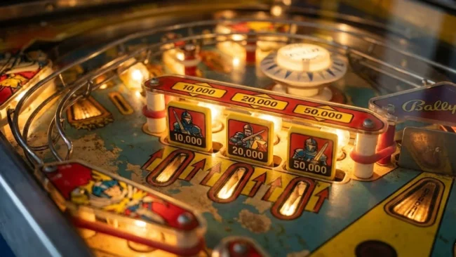 Close-up do playfield iluminado de uma máquina de pinball clássica da Bally dos anos 80 com foco nos drop targets.
