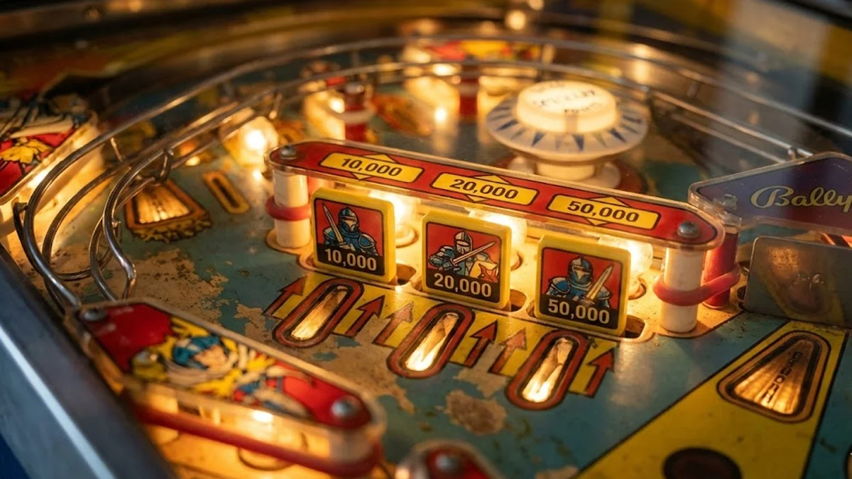 Close-up do playfield iluminado de uma máquina de pinball clássica da Bally dos anos 80 com foco nos drop targets.