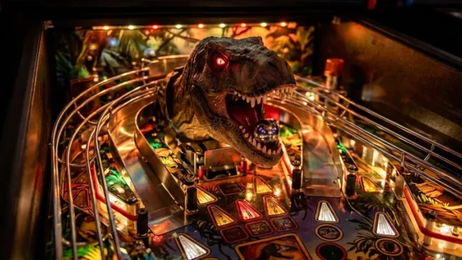Detalhe do playfield da máquina de pinball Jurassic Park da Stern com o T-Rex mecânico em destaque.
