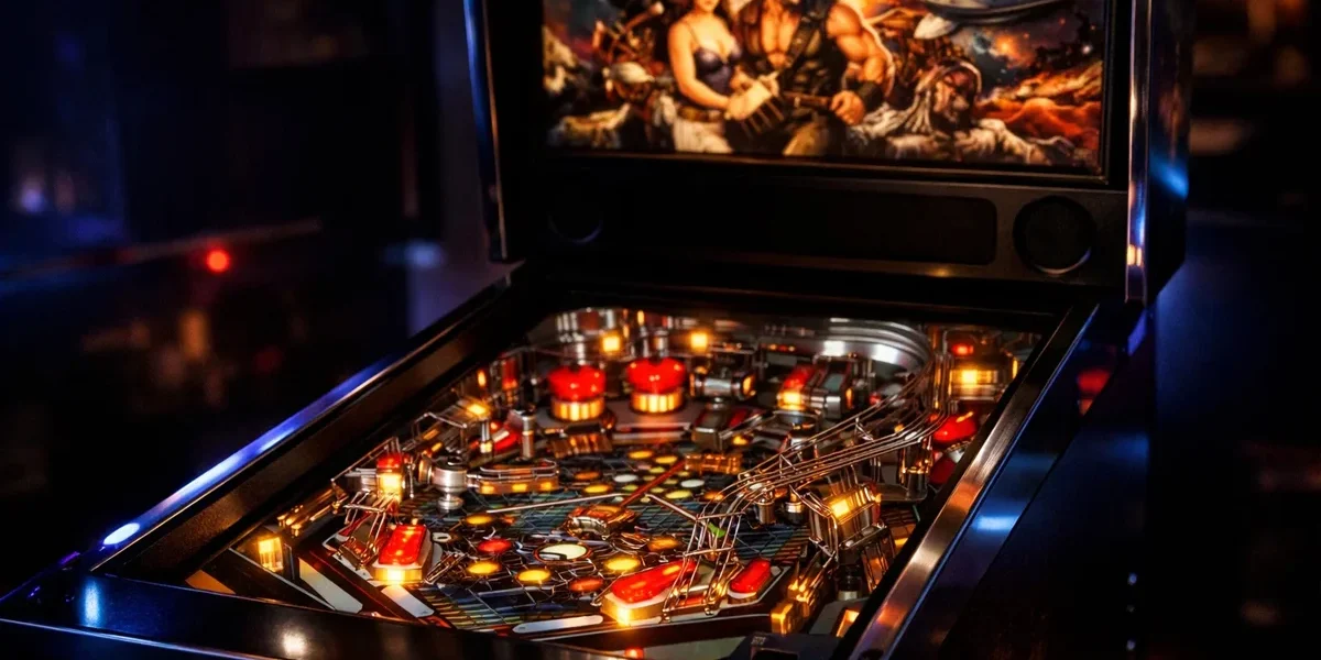 Gabinete de pinball virtual (Pincab) rodando uma mesa clássica recriada no Visual Pinball X com alta fidelidade gráfica.