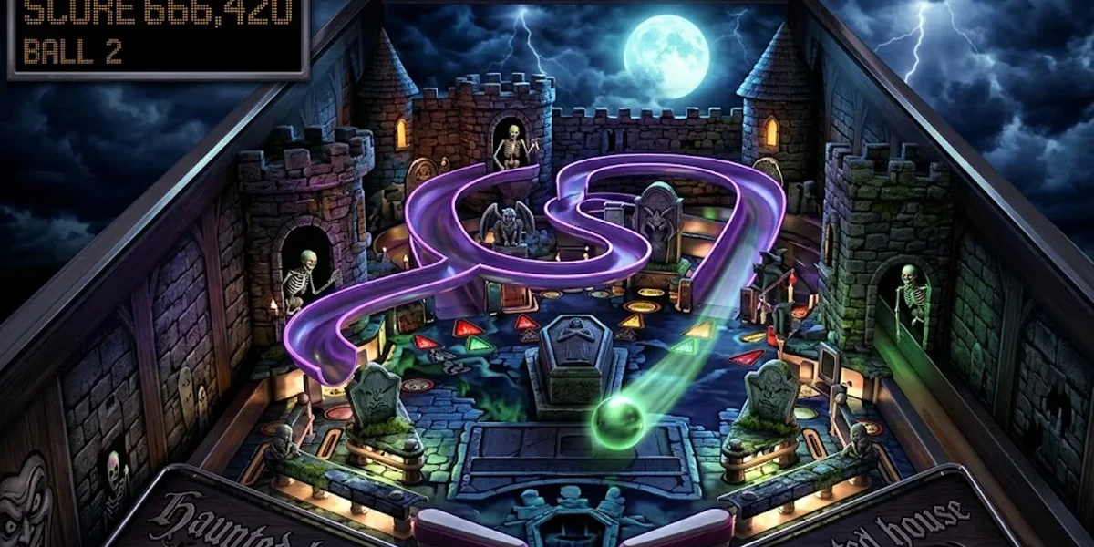 Mesa Castle no jogo 3-D Ultra Pinball: Creep Night, mostrando as rampas roxas e os flippers estilizados.
