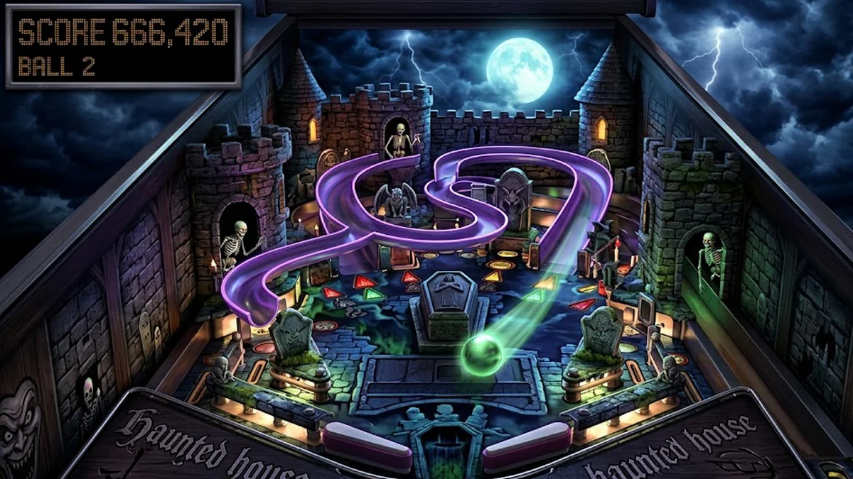 Mesa Castle no jogo 3-D Ultra Pinball: Creep Night, mostrando as rampas roxas e os flippers estilizados.