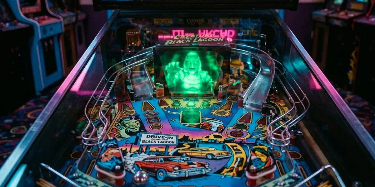 creature-from-the-black-lagoon-pinball-holograma Vista superior do playfield da máquina de pinball Creature from the Black Lagoon destacando o holograma verde do monstro.