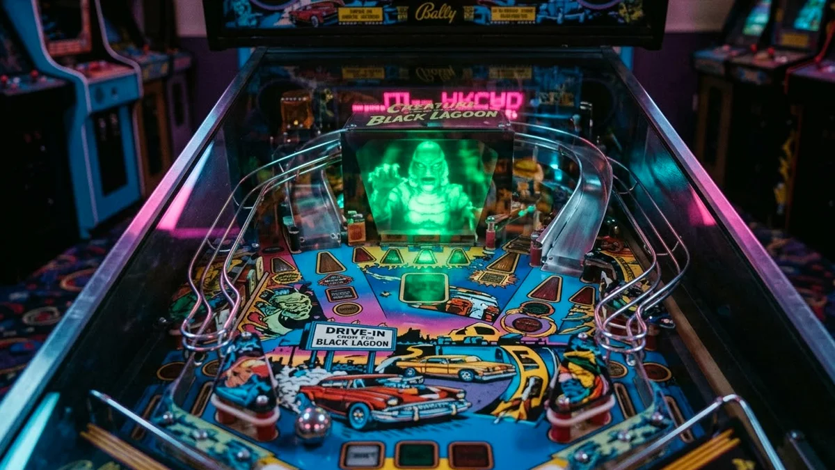 Vista superior do playfield da máquina de pinball Creature from the Black Lagoon destacando o holograma verde do monstro.