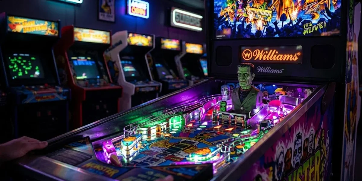 monster-bash-pinball-williams-1998-playfield Vista detalhada do playfield da máquina de pinball Monster Bash, destacando o boneco do Frankenstein e as rampas coloridas.