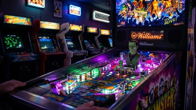 monster-bash-pinball-williams-1998-playfield Vista detalhada do playfield da máquina de pinball Monster Bash, destacando o boneco do Frankenstein e as rampas coloridas.