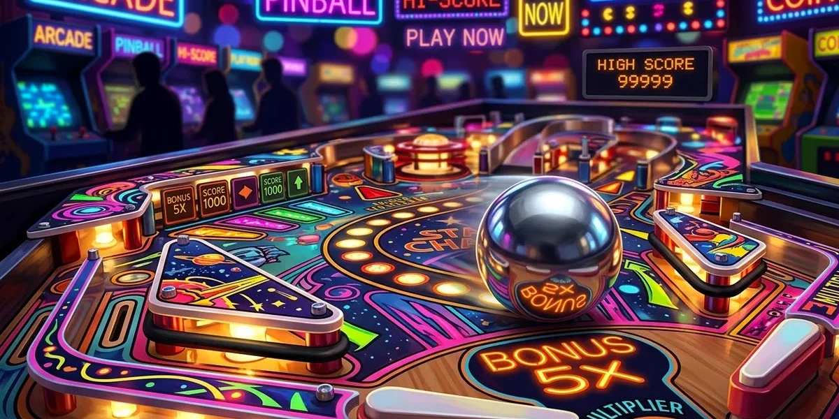 close-up de uma bolinha de pinball de aço em um playfield colorido com luzes LED neon ao fundo em ambiente de fliperama.