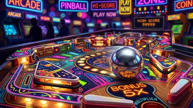 pinball-vs-digital-resistencia-classica close-up de uma bolinha de pinball de aço em um playfield colorido com luzes LED neon ao fundo em ambiente de fliperama.