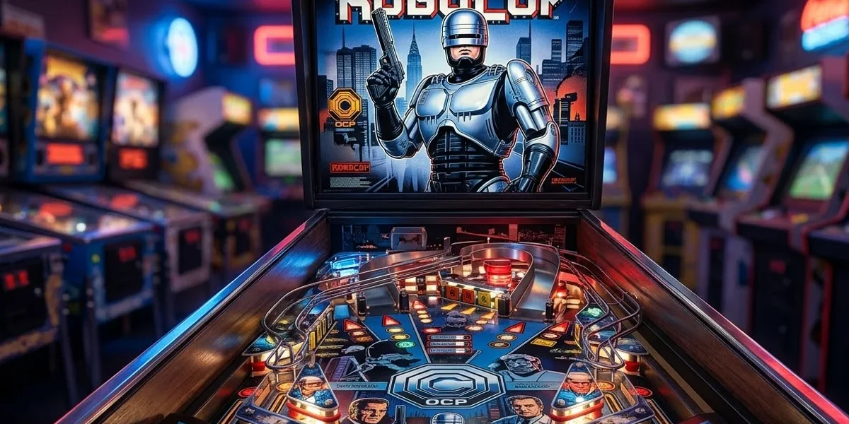 robocop-pinball-data-east-classic-1989 Vista detalhada do playfield da máquina de pinball RoboCop da Data East, destacando a rampa de salto e a arte do ED-209.