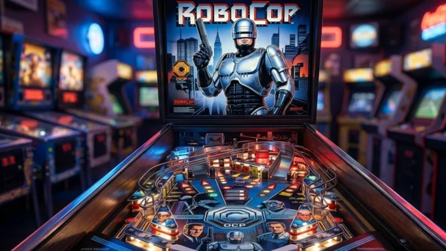 robocop-pinball-data-east-classic-1989 Vista detalhada do playfield da máquina de pinball RoboCop da Data East, destacando a rampa de salto e a arte do ED-209.