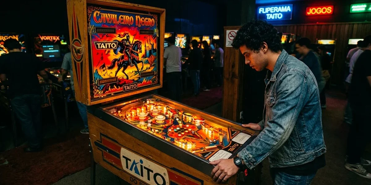 taito-brasil-pinball-cavaleiro-negro Vista detalhada do playfield e backglass da máquina de pinball Cavaleiro Negro fabricada pela Taito do Brasil.