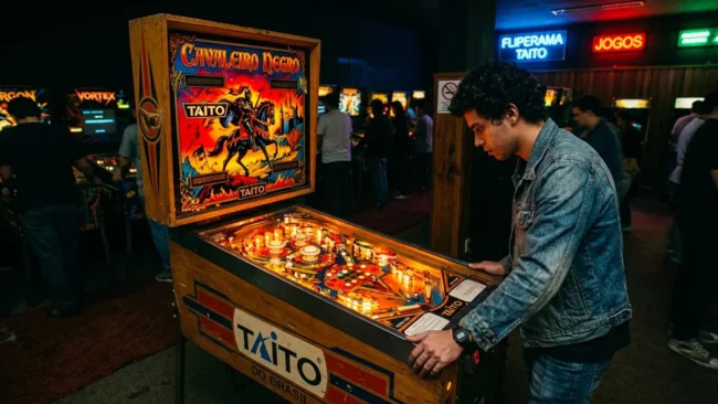 Vista detalhada do playfield e backglass da máquina de pinball Cavaleiro Negro fabricada pela Taito do Brasil.