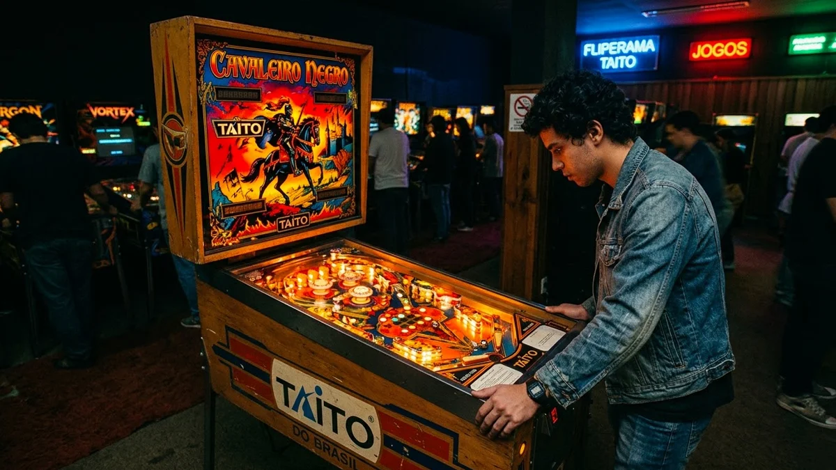 Vista detalhada do playfield e backglass da máquina de pinball Cavaleiro Negro fabricada pela Taito do Brasil.