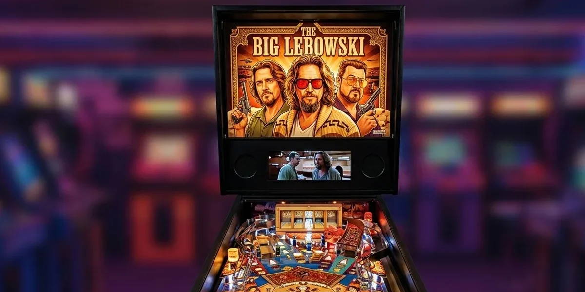 the-big-lebowski-pinball-maquina-completa Vista frontal completa da máquina de pinball The Big Lebowski da Dutch Pinball, mostrando o playfield iluminado e o backglass.
