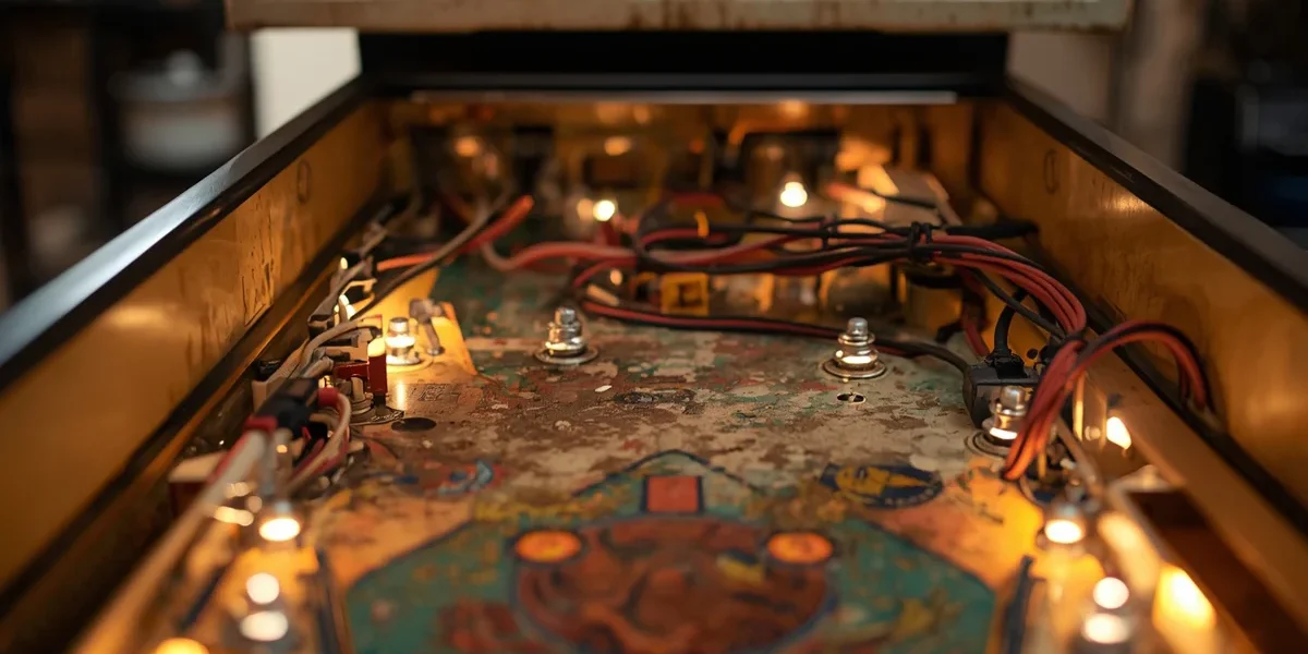 pinball-antigo-restauracao-maquina Interior de uma máquina de pinball clássica sendo restaurada, mostrando componentes eletrônicos e cabos em um gabinete de madeira.