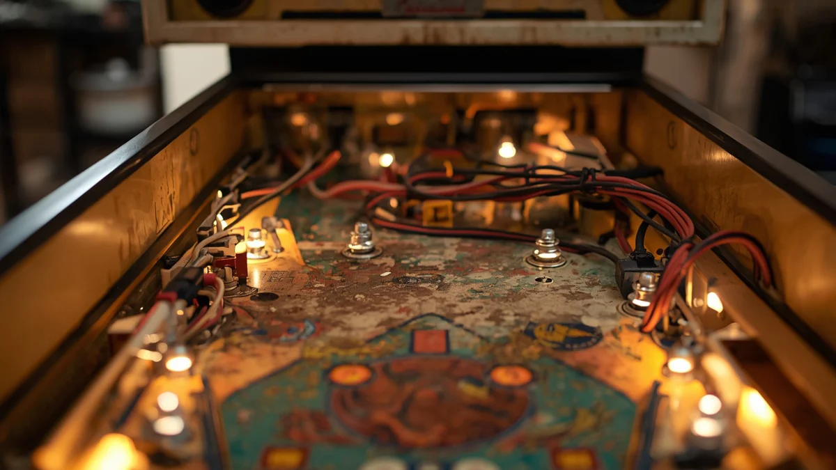 Interior de uma máquina de pinball clássica sendo restaurada, mostrando componentes eletrônicos e cabos em um gabinete de madeira.